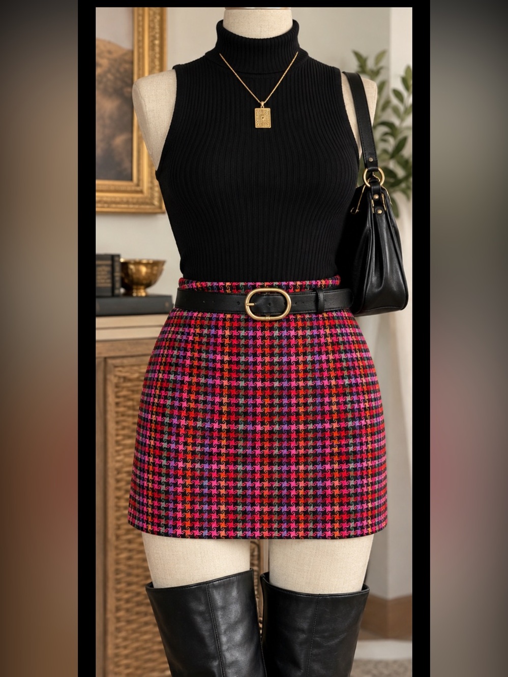 Vintage Y2K Era Boston Proper Vibrant Multi-Color Houndstooth Mini Skirt